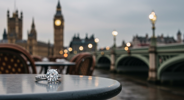 Moissanite engagement ring in London – elegant lab-grown gemstone solitaire displayed with city-inspired style, symbolising ethical and affordable love jewellery