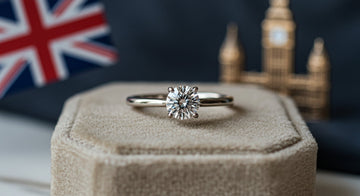 Round-cut Moissanite engagement ring in a platinum band displayed on a velvet box, sparkling in natural light with a soft UK-inspired background — modern, affordable alternative to diamond rings.