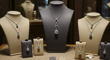 Elegant display of diamond necklaces and pendants on busts in a jewellery store. The arrangement is symmetrical, exuding luxury and sophistication.