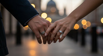 A romantic close-up of a couple's hands holding, with a sparkling moissanite wedding ring visible in a blurred London street background at dusk.