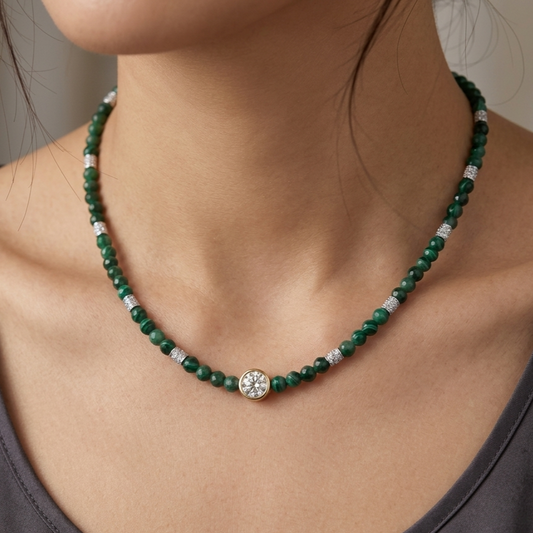 Small Green Strawberry Quartz and Moissanite Gemstone Necklace
