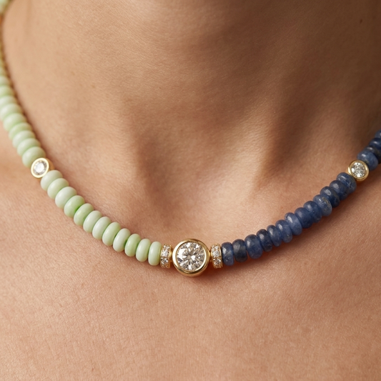 50/50 Lemon Chrysoprase, Blue Kyanite and Moissanite Gemstone Necklace