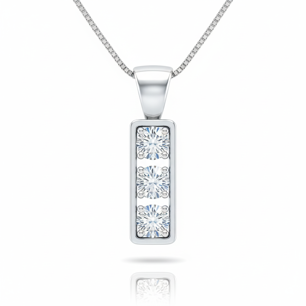 3 Stone Round Cut Moissanite Pendant, Drop Style Semi-Bezel Setting