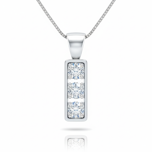 3 Stone Round Cut Moissanite Pendant, Drop Style Semi-Bezel Setting