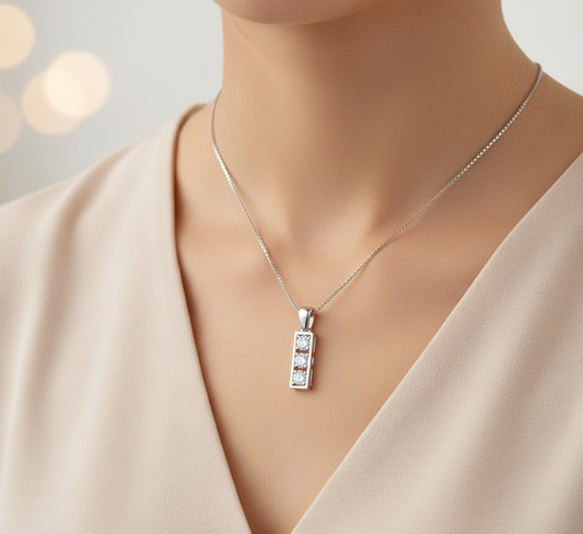 3 Stone Round Cut Moissanite Pendant, Drop Style Semi-Bezel Setting