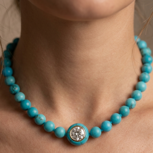 Turquoise Knotted and Moissanite Gemstone Necklace