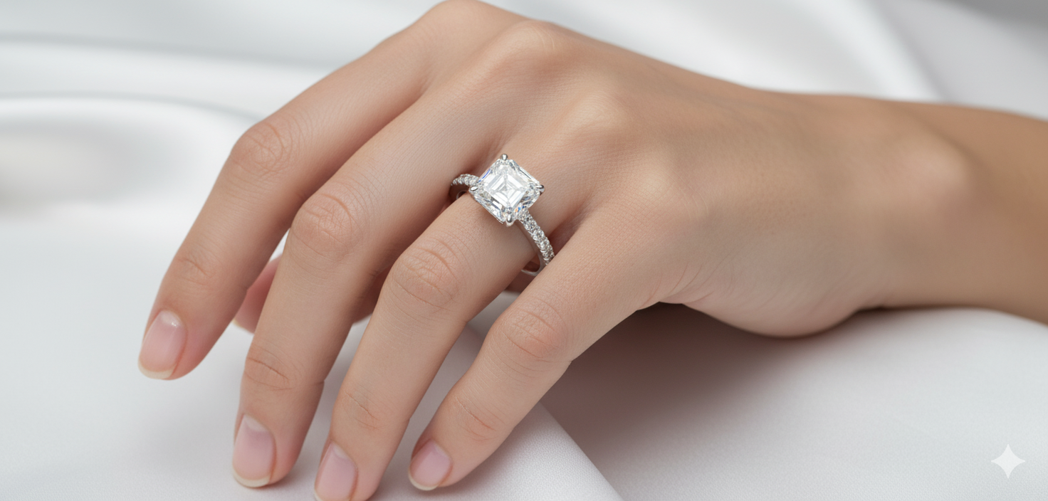 Asscher Cut Moissanite Engagement Ring, Graceful Classic Design