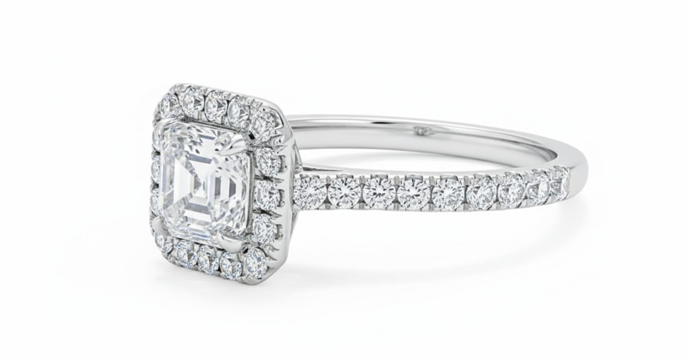 Asscher Cut Moissanite Engagement Ring with Classic Halo Setting