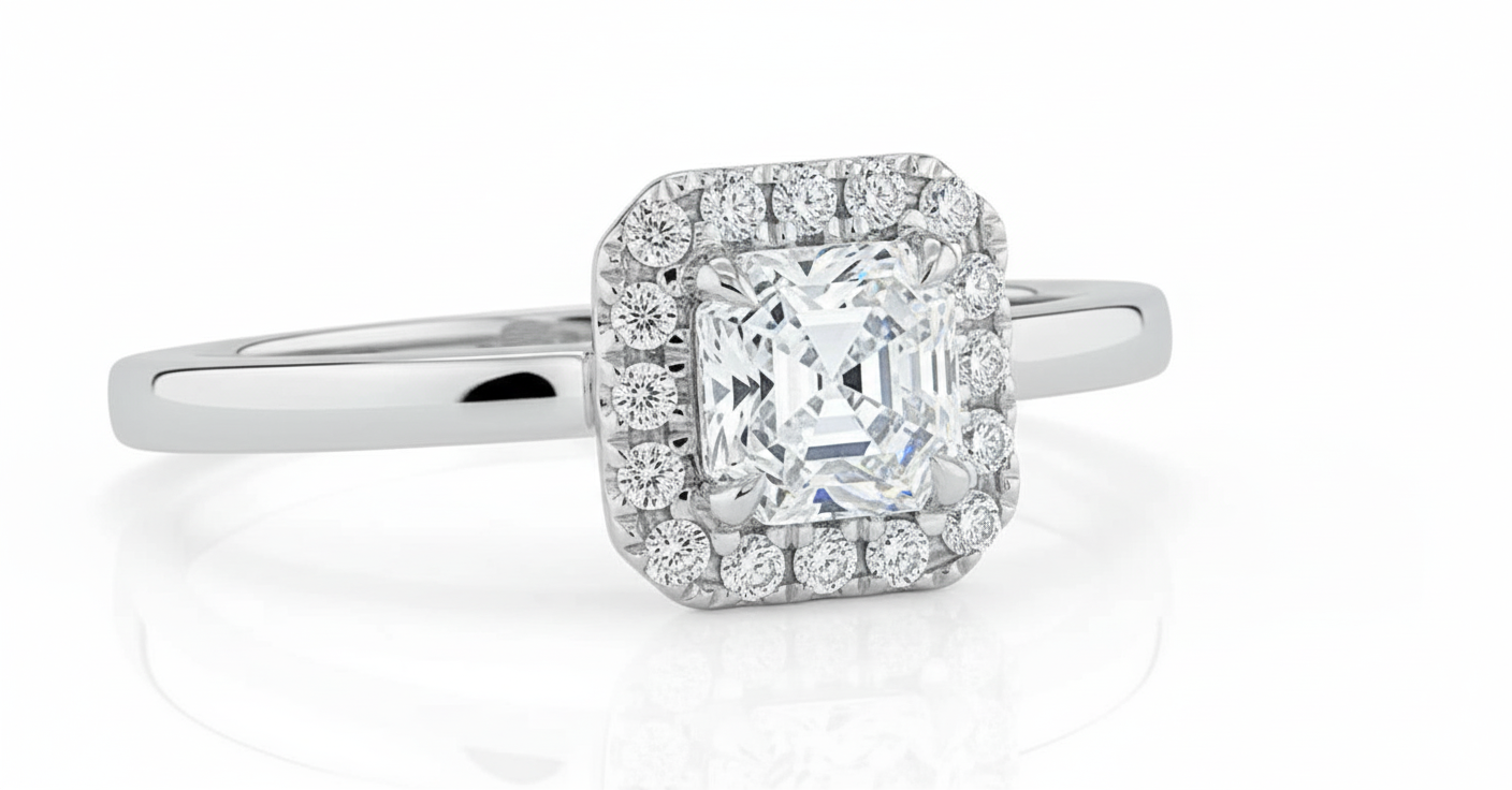 Asscher Cut Moissanite Halo Engagement Ring in Timeless Style