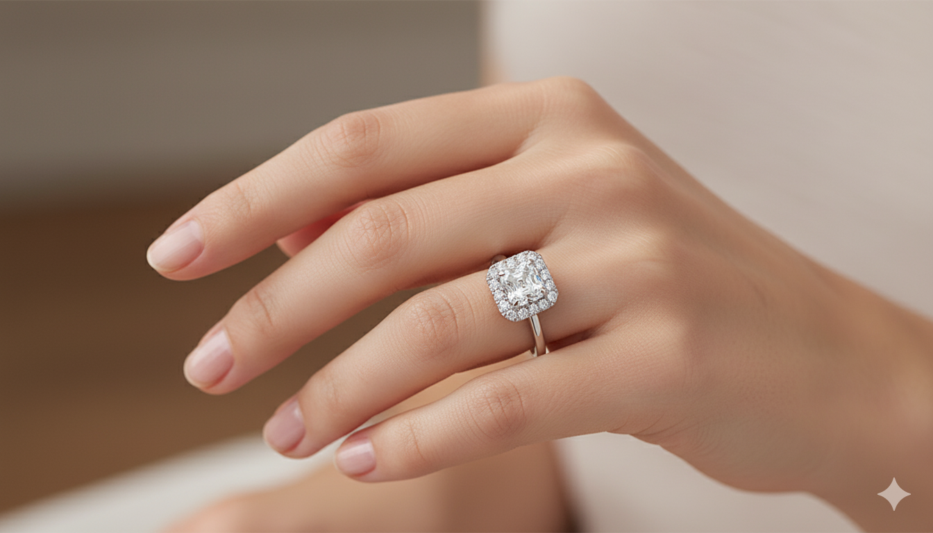 Asscher Cut Moissanite Halo Engagement Ring in Timeless Style