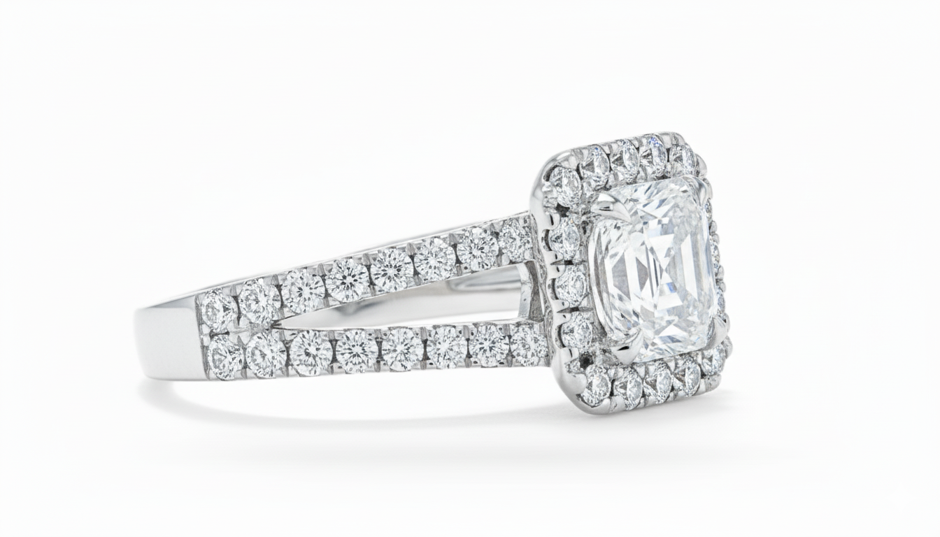 Asscher Cut Moissanite Halo Engagement Ring with Split Shank Band