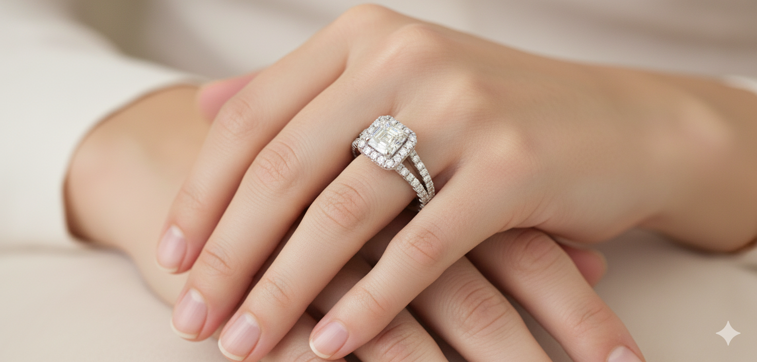 Asscher Cut Moissanite Halo Engagement Ring with Split Shank Band