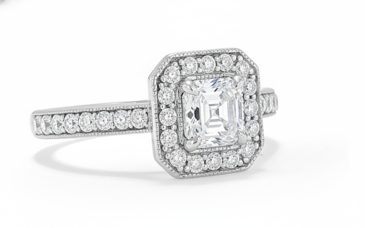 Asscher Cut Moissanite Halo Ring, Classic and Elegant Design

