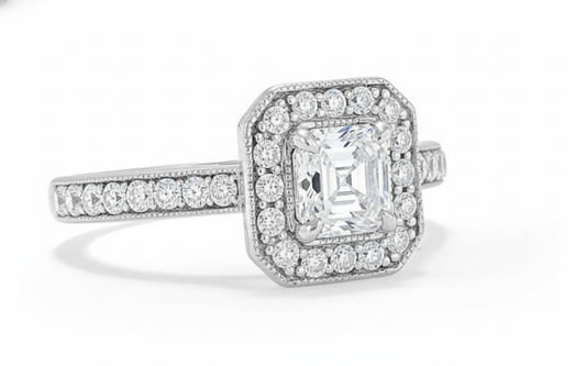 Asscher Cut Moissanite Halo Ring, Classic and Elegant Design

