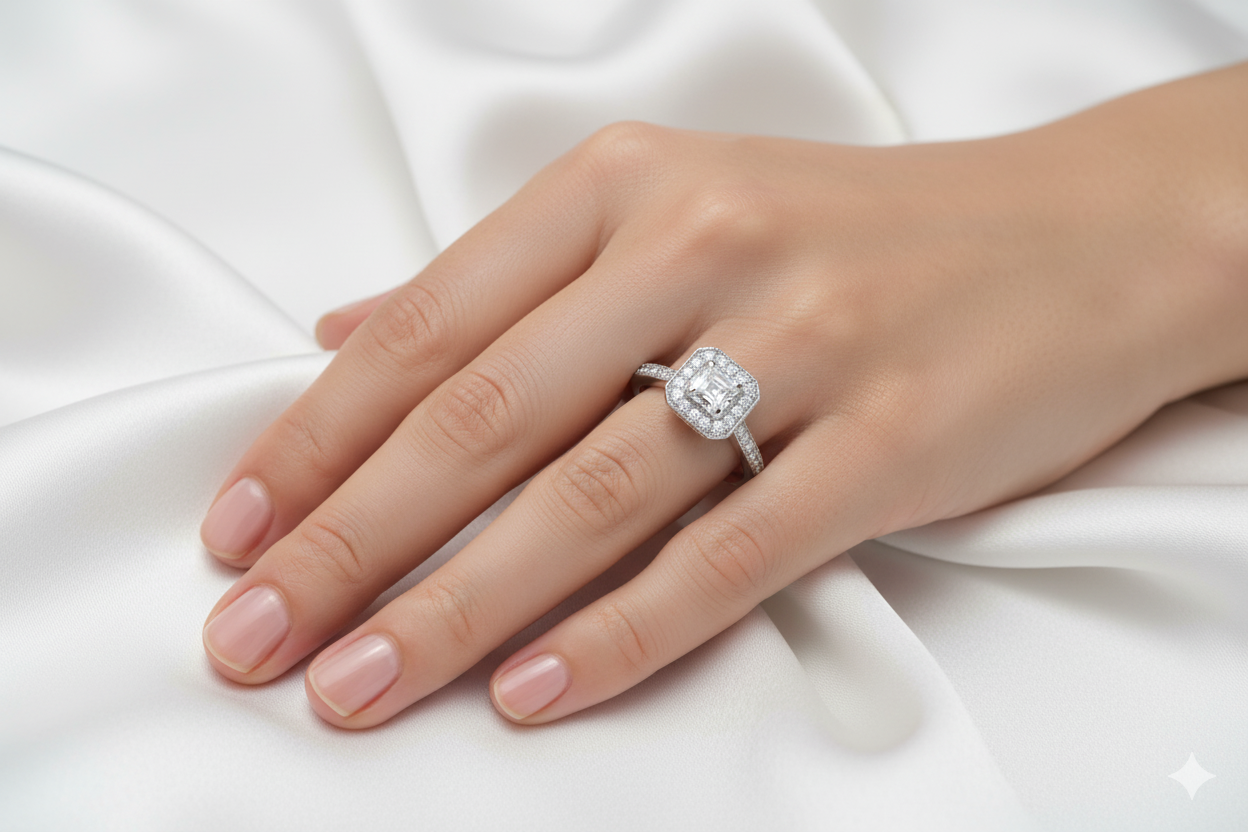 Asscher Cut Moissanite Halo Ring, Classic and Elegant Design