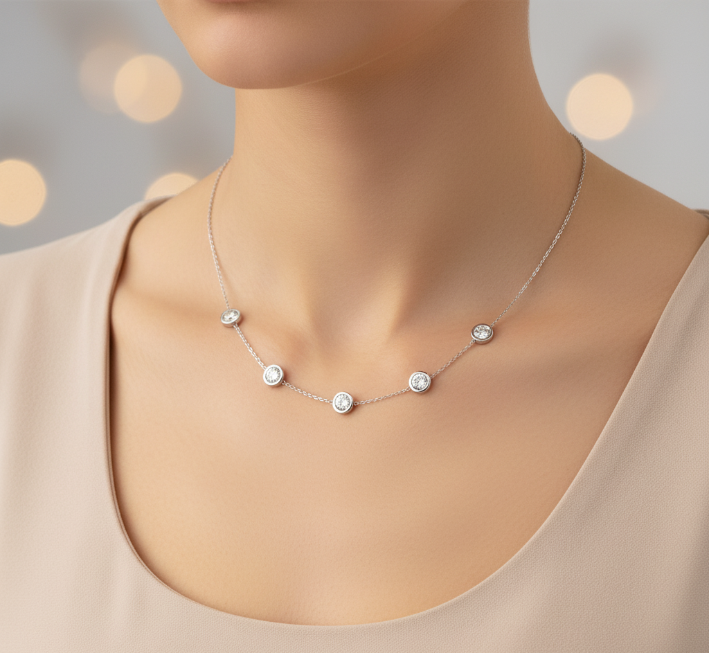 Bezel Set Moissanite Station Necklace with Adjustable Links