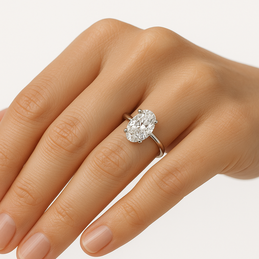 Oval Cut Moissanite Engagement Ring, Plain Silver Band & Hidden Halo