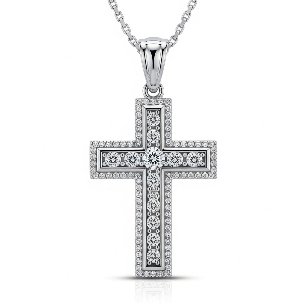 Cross Moissanite Pendant, Round Bezel Channel Setting