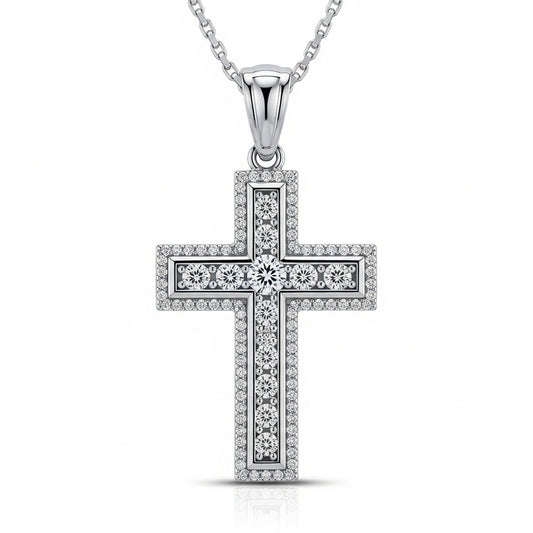 Cross Moissanite Pendant, Round Bezel Channel Setting