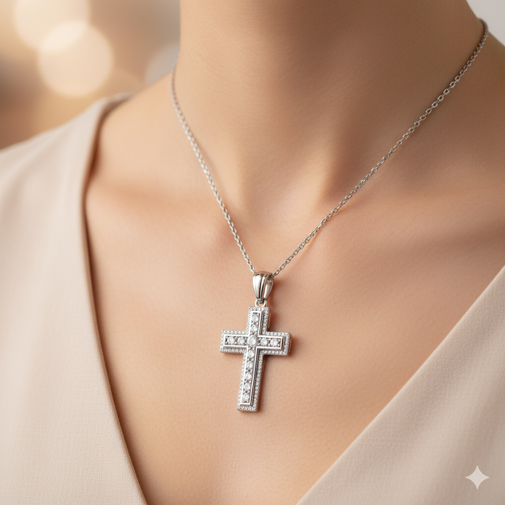 Cross Moissanite Pendant, Round Bezel Channel Setting