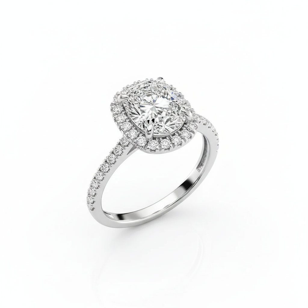 Cushion Cut Moissanite Engagement Ring, Elongated Classic Halo Style