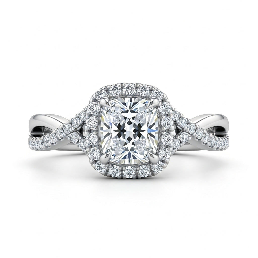 Cushion Cut Moissanite Engagement Ring, Elongated Criss-Cross Design