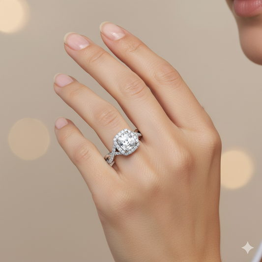 Cushion Cut Moissanite Engagement Ring, Elongated Criss-Cross Design