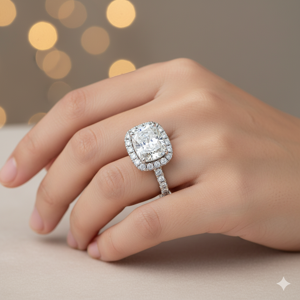 Cushion Cut Moissanite Engagement Ring, Elongated Full Set Design