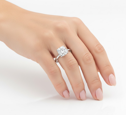 Cushion Cut Moissanite Engagement Ring Elongated Plain Band With Hidden Halo