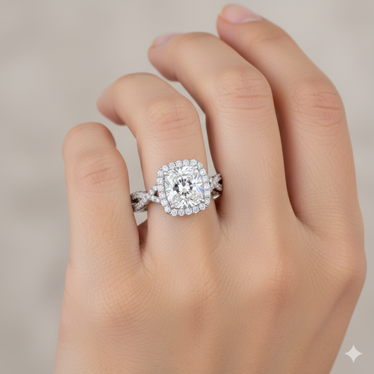 Cushion Cut Moissanite Engagement Ring Elongated Twist Style