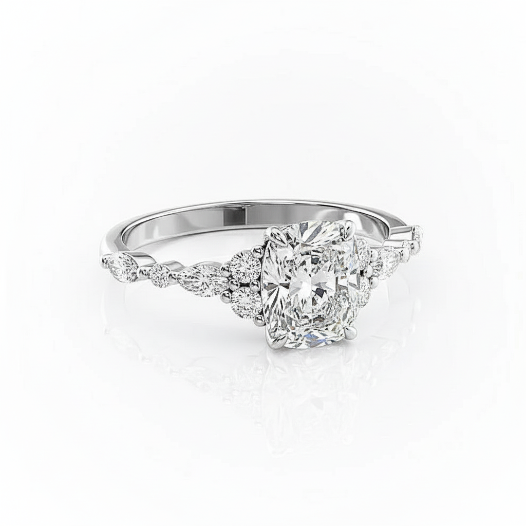 Cushion Cut Moissanite Engagement Ring, Elongated Vintage Shoulder Set Style