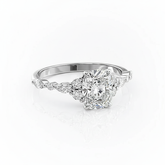 Cushion Cut Moissanite Engagement Ring, Elongated Vintage Shoulder Set Style