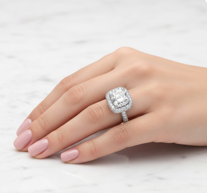 Cushion Cut Moissanite Engagement Ring, Full Set