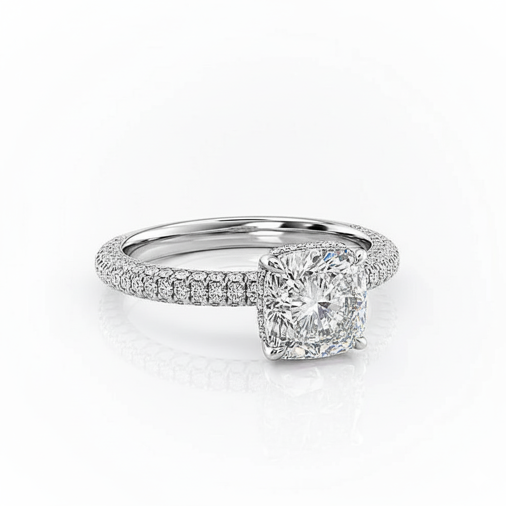 Cushion Cut Moissanite Engagement Ring, Pavé Set Shoulders With Hidden Halo
