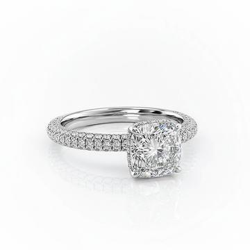 Cushion Cut Moissanite Engagement Ring, Pavé Set Shoulders With Hidden Halo