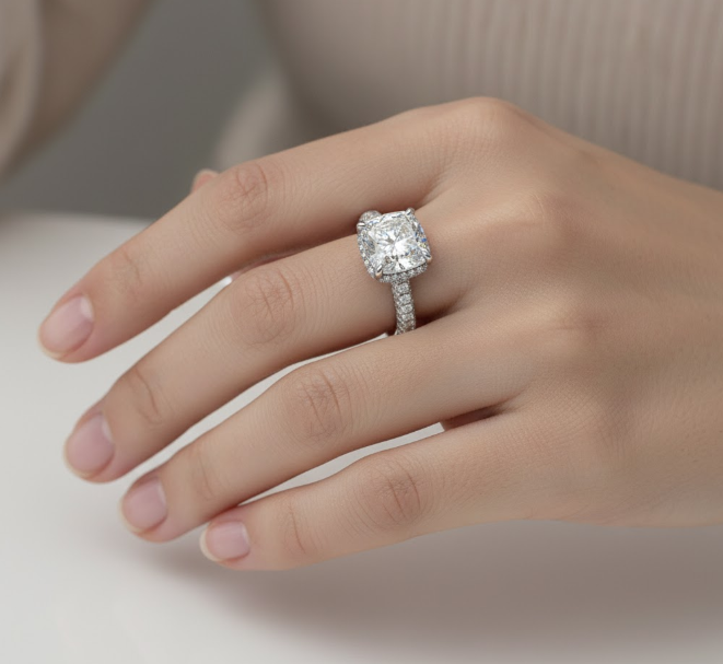 Cushion Cut Moissanite Engagement Ring, Pavé Set Shoulders With Hidden Halo