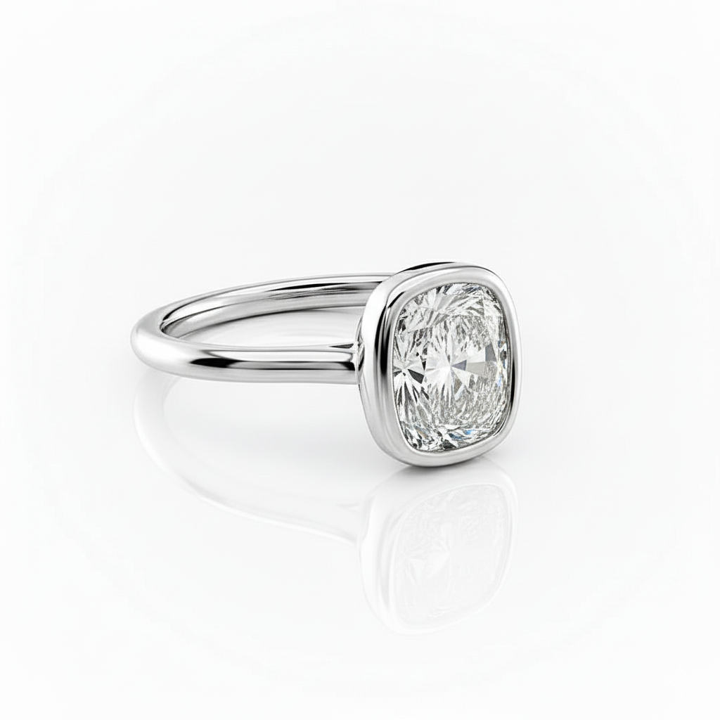 Cushion Cut Moissanite Engagement Ring, Rubover and Hidden Halo Design