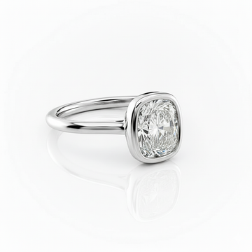 Cushion Cut Moissanite Engagement Ring, Rubover and Hidden Halo Design