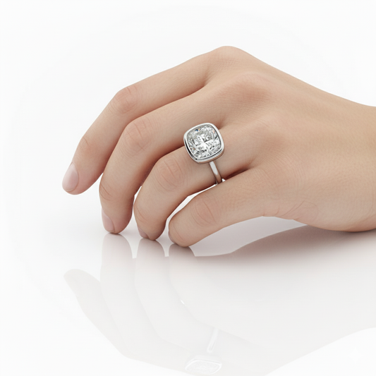 Cushion Cut Moissanite Engagement Ring, Rubover and Hidden Halo Design