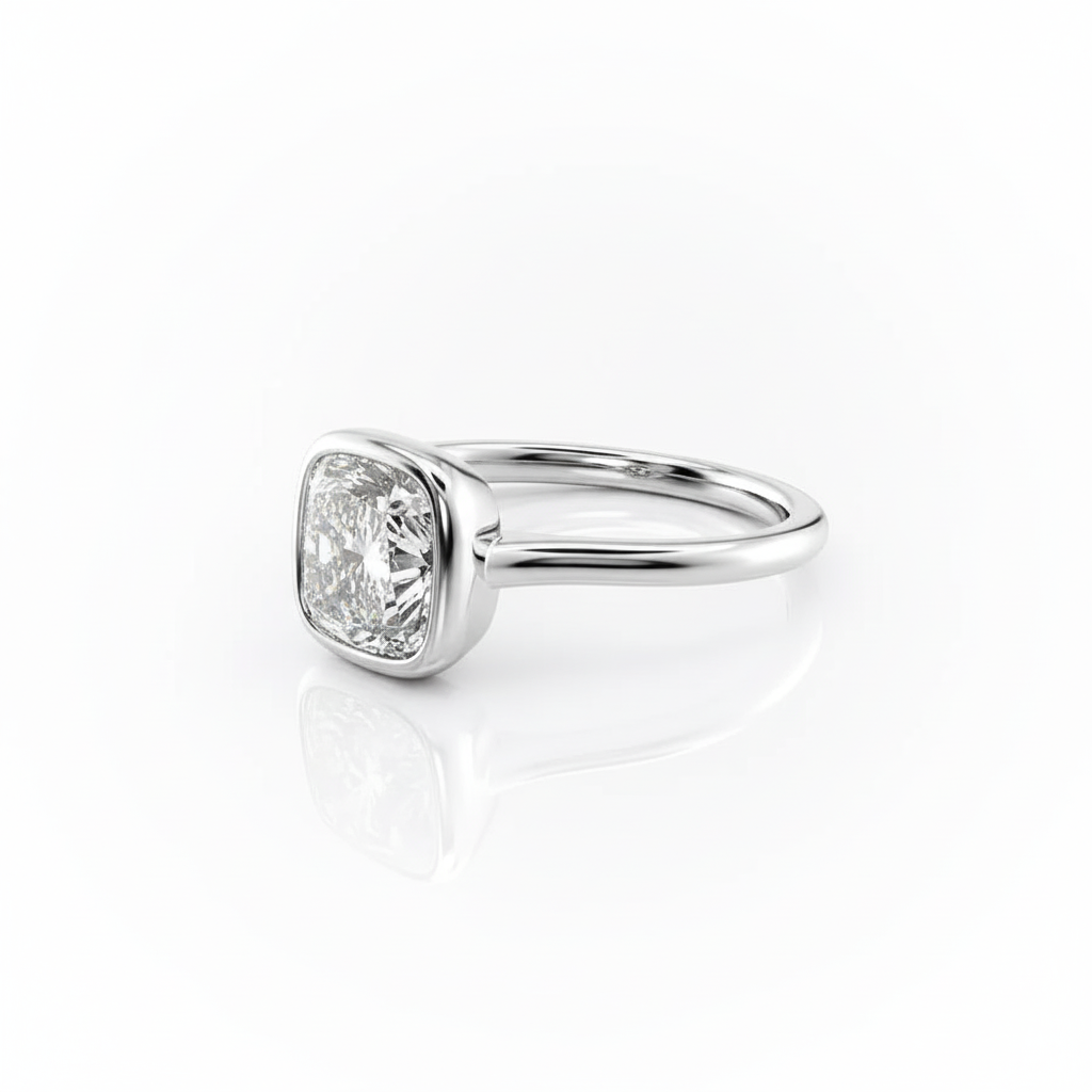 Cushion Cut Moissanite Engagement Ring, Rubover with Hidden Halo