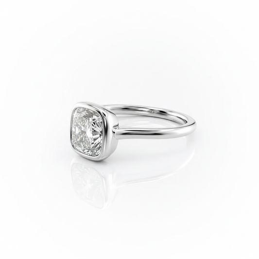 Cushion Cut Moissanite Engagement Ring, Rubover with Hidden Halo