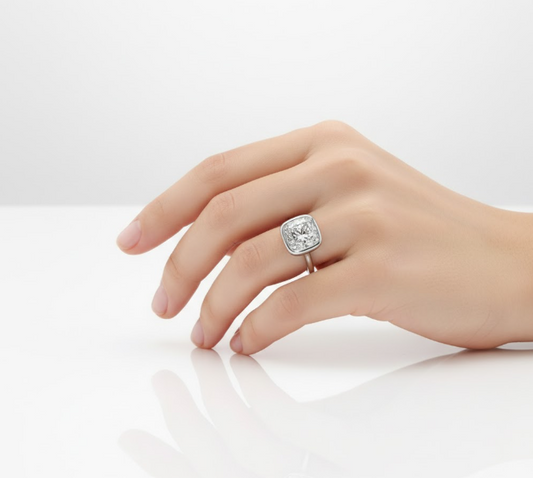 Cushion Cut Moissanite Engagement Ring, Rubover with Hidden Halo