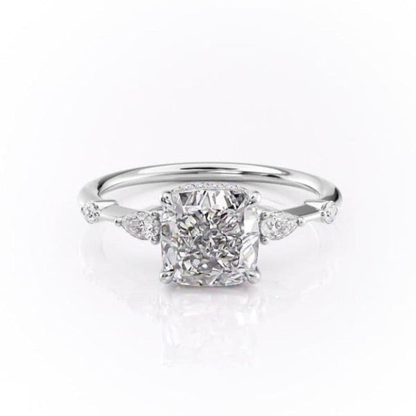 Cushion Cut Moissanite Engagement Ring, Shoulder Set Ring With Hidden Halo