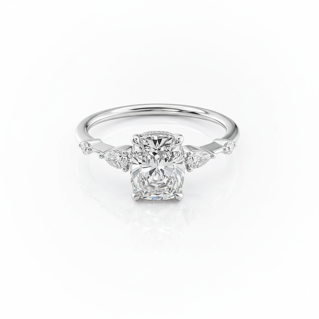 Cushion Cut Moissanite Engagement Ring, Shoulder Set with Hidden Halo
