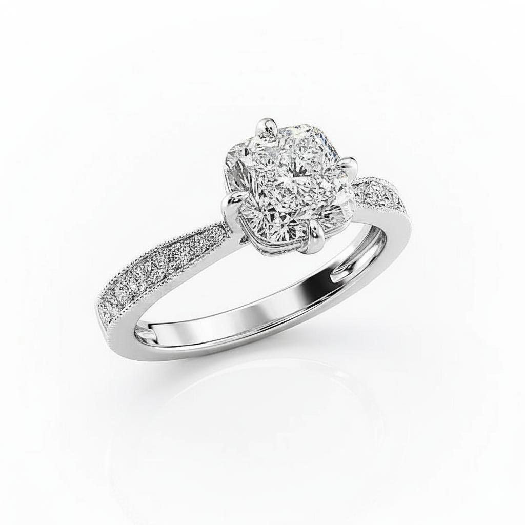 Cushion Cut Moissanite Engagement Ring, Stone Set Shoulders With Milgrain Edge