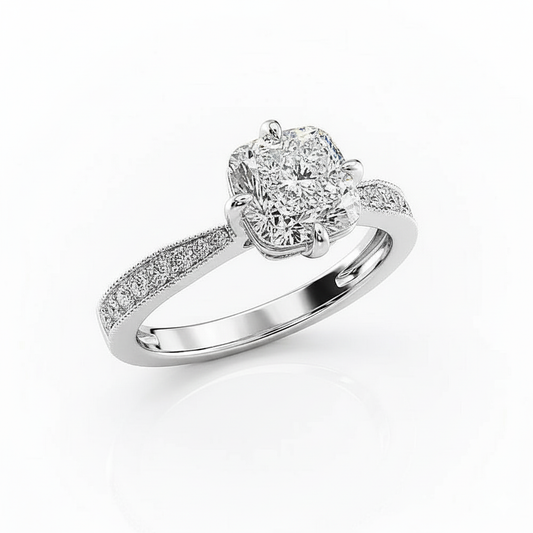 Cushion Cut Moissanite Engagement Ring, Stone Set Shoulders With Milgrain Edge