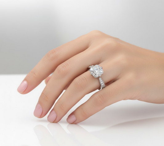 Cushion Cut Moissanite Engagement Ring, Stone Set Shoulders With Milgrain Edge