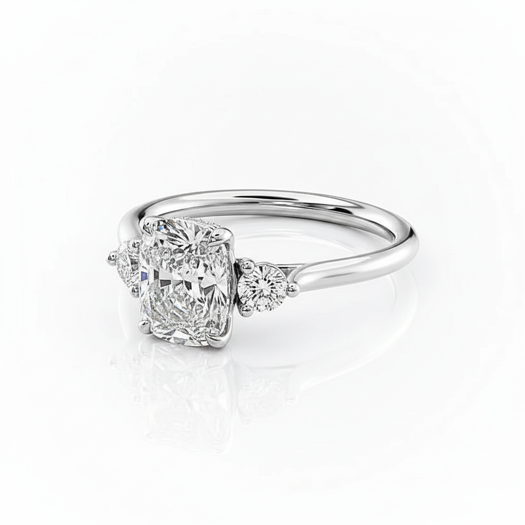 Cushion Cut Moissanite Engagement Ring, Three Stone Design