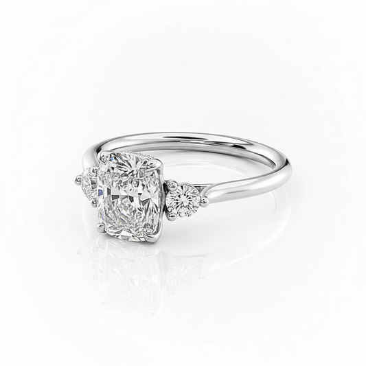 Cushion Cut Moissanite Engagement Ring, Three Stone Design
