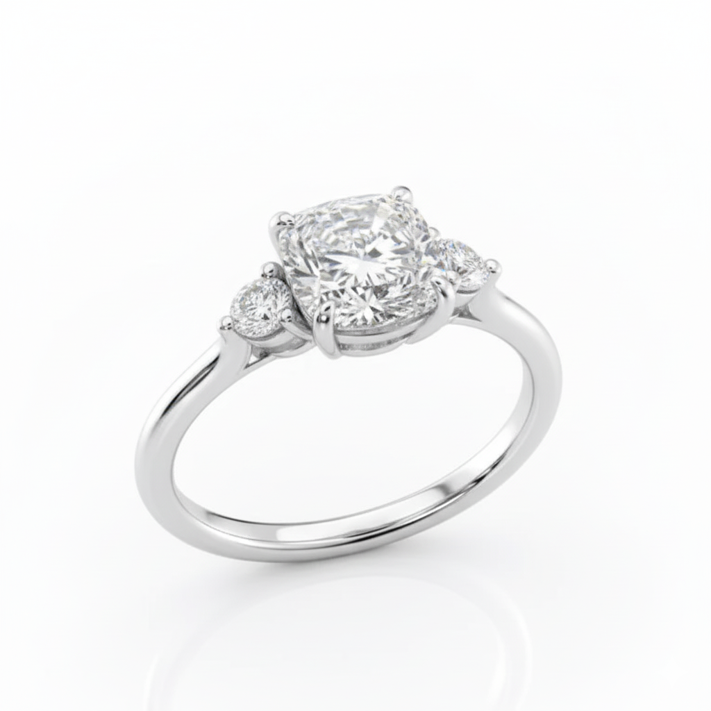 Cushion Cut Moissanite Engagement Ring, Three Stone Style